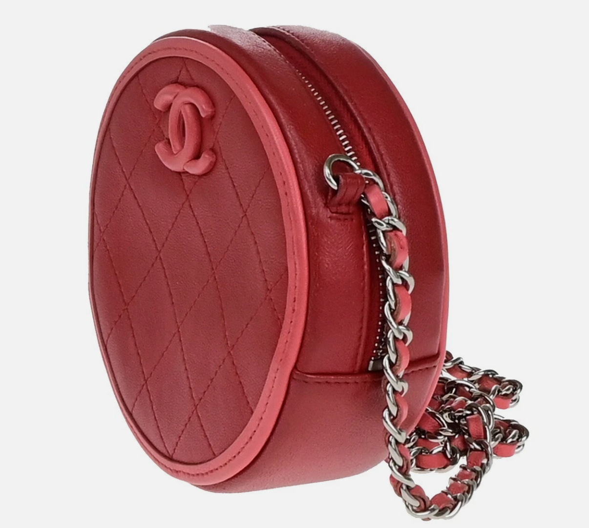 CHANEL CC Logo Round Mini Chain Shoulder Bag Leather Red Pink