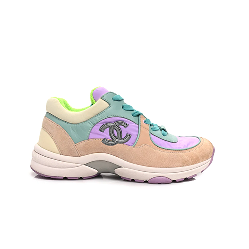 Baskets CC Chanel en cuir d'agneau et daim en cuir de veau vert violet rose