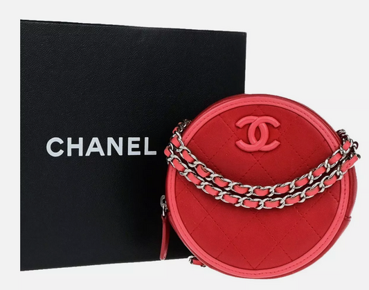 CHANEL CC Logo Round Mini Chain Shoulder Bag Leather Red Pink