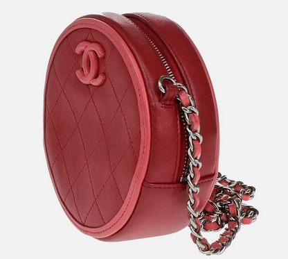 CHANEL CC Logo Round Mini Chain Shoulder Bag Leather Red Pink