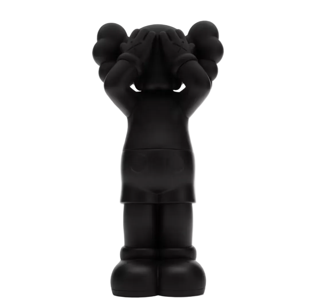 Black sculpture of a figure with hands covering face on a white background